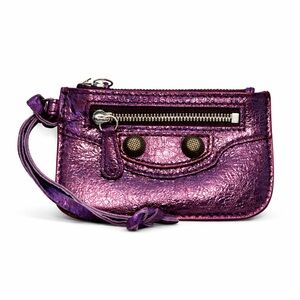 Balenciaga Le Cagole Metallic Purple Lambskin Coin / Card Wristlet NWT